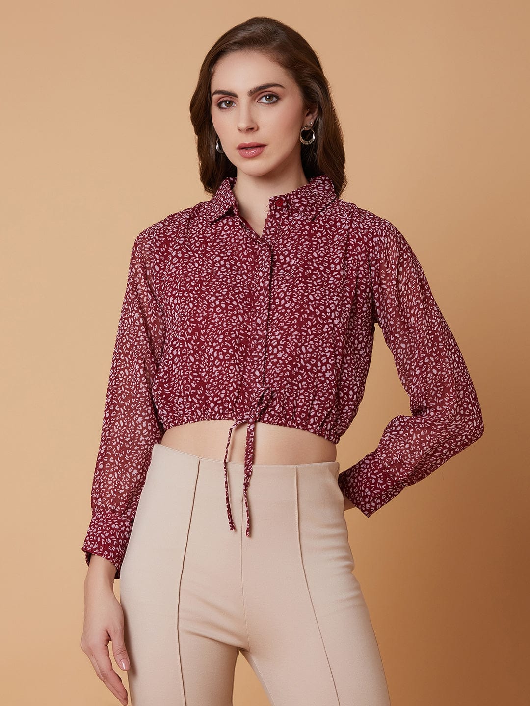 Women's Maroon Abstract Printed Shirt Collar Synthetic Georgette Top