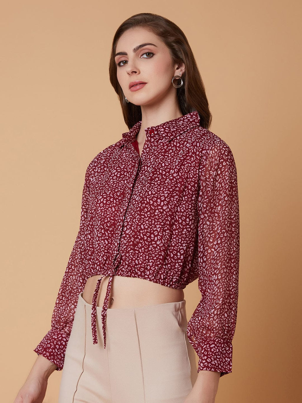 Women's Maroon Abstract Printed Shirt Collar Synthetic Georgette Top
