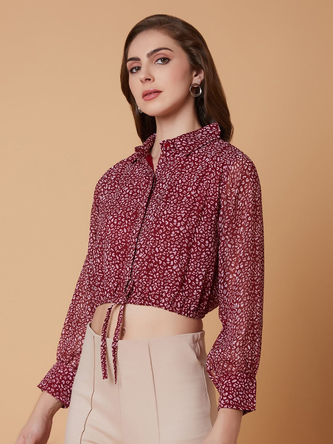 Women's Maroon Abstract Printed Shirt Collar Synthetic Georgette Top