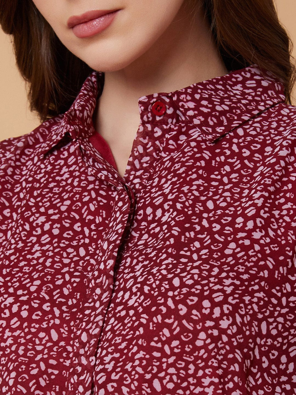 Women's Maroon Abstract Printed Shirt Collar Synthetic Georgette Top