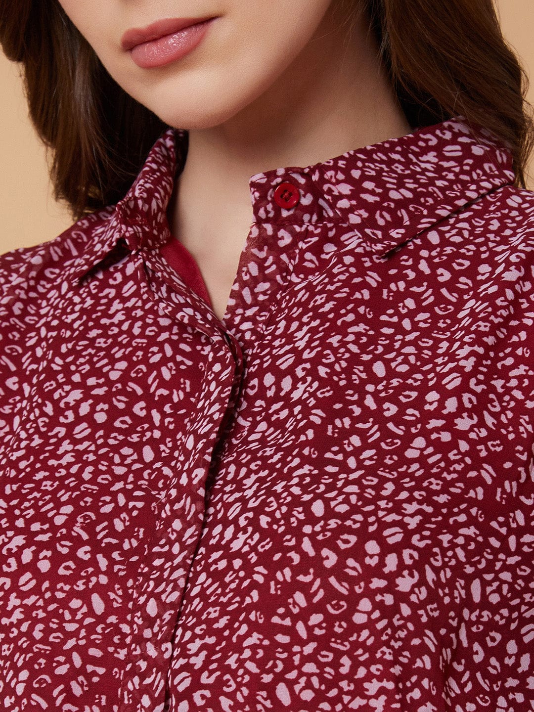 Women's Maroon Abstract Printed Shirt Collar Synthetic Georgette Top