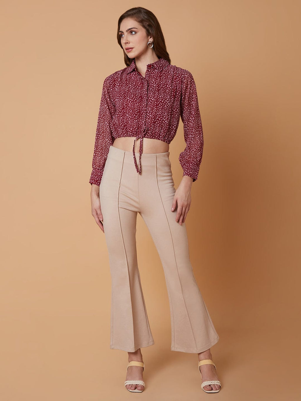 Women's Maroon Abstract Printed Shirt Collar Synthetic Georgette Top