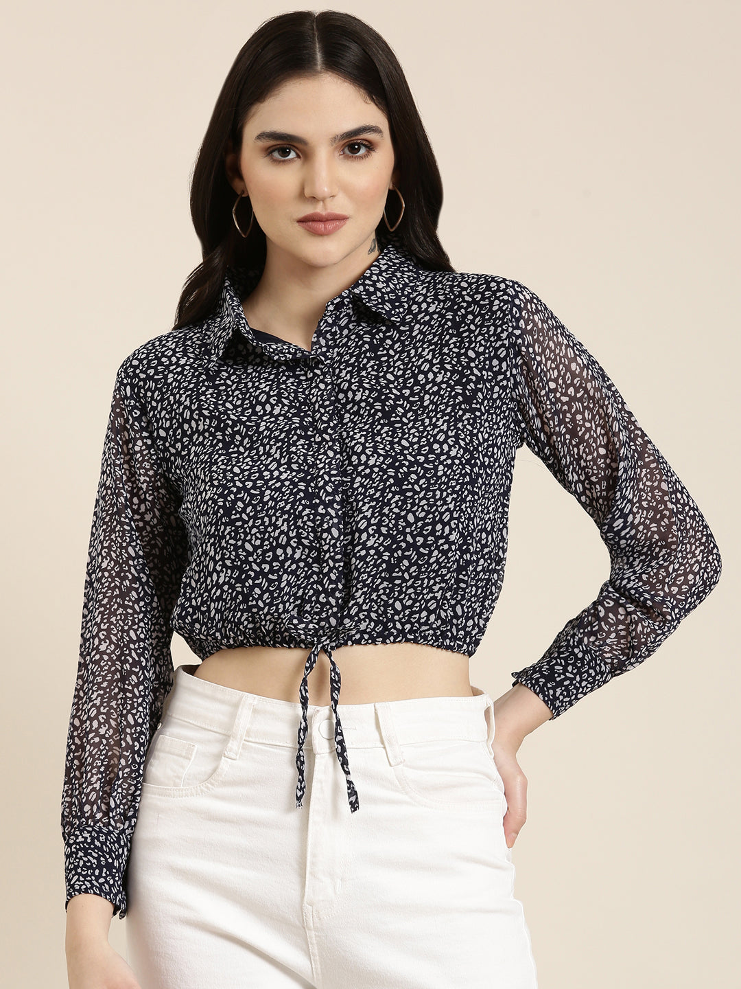 Women's Navy Blue Animal Printed Chiffon Shirt Style Crop Top