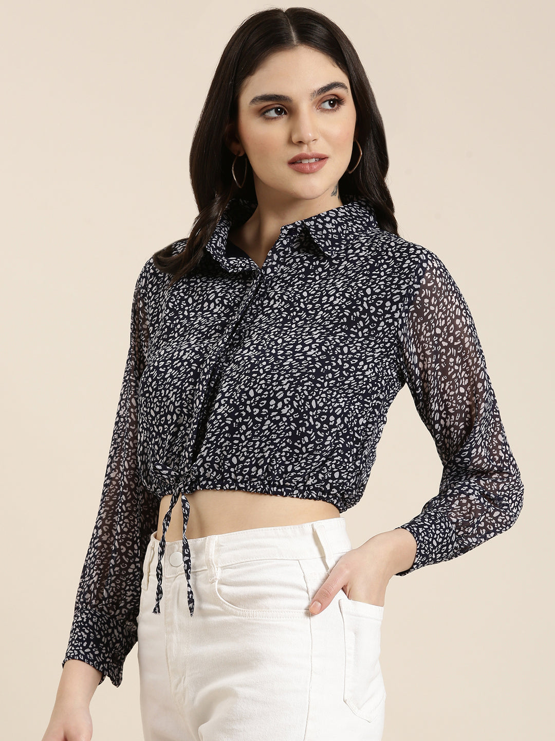 Women's Navy Blue Animal Printed Chiffon Shirt Style Crop Top