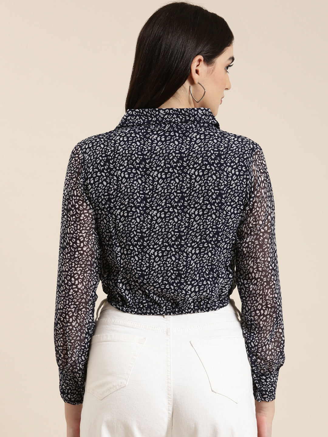 Women's Navy Blue Animal Printed Chiffon Shirt Style Crop Top