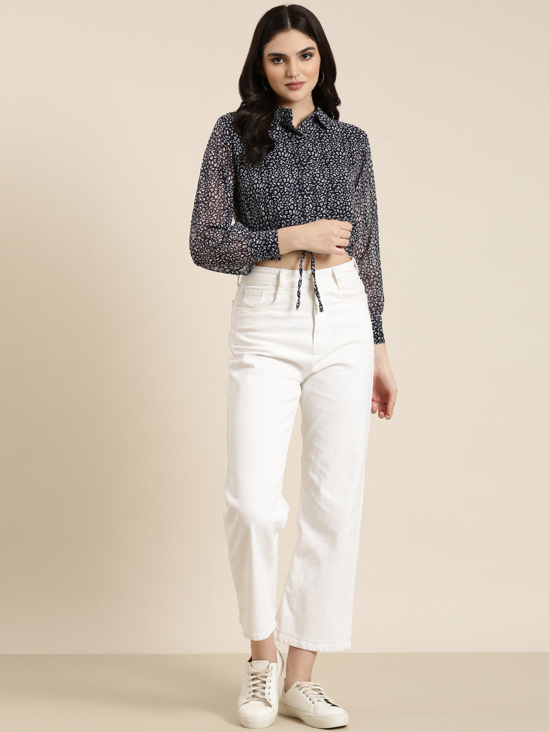 Women's Navy Blue Animal Printed Chiffon Shirt Style Crop Top