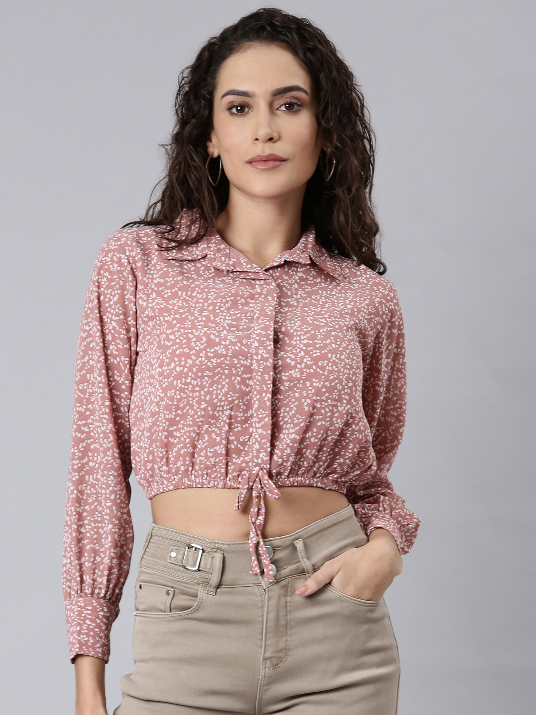 Women's Mauve Shirt Collar Cuffed Sleeves Tie-Ups Shirt Style Crop Top
