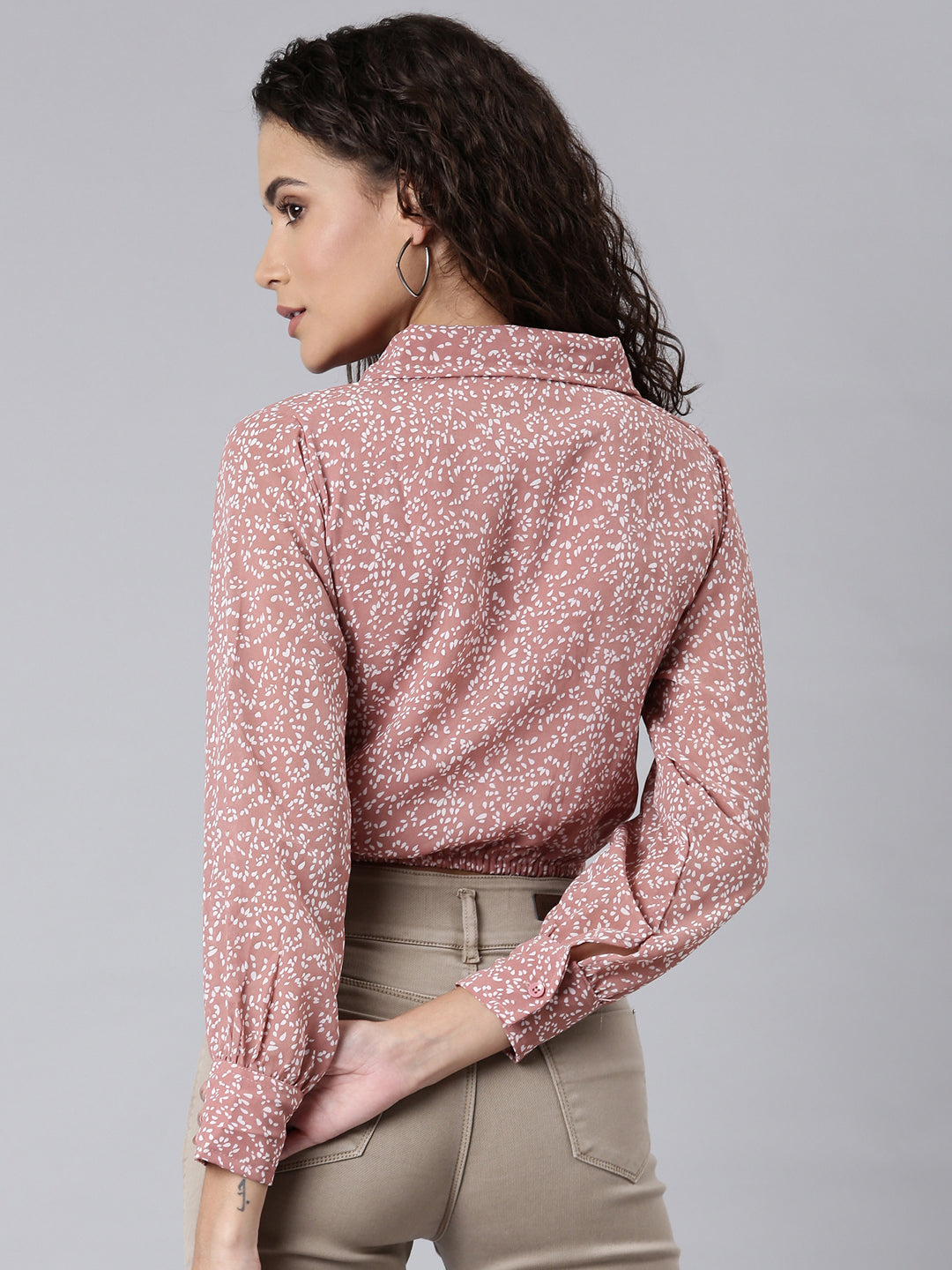 Women's Mauve Shirt Collar Cuffed Sleeves Tie-Ups Shirt Style Crop Top