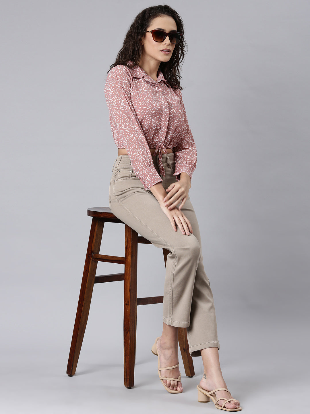 Women's Mauve Shirt Collar Cuffed Sleeves Tie-Ups Shirt Style Crop Top