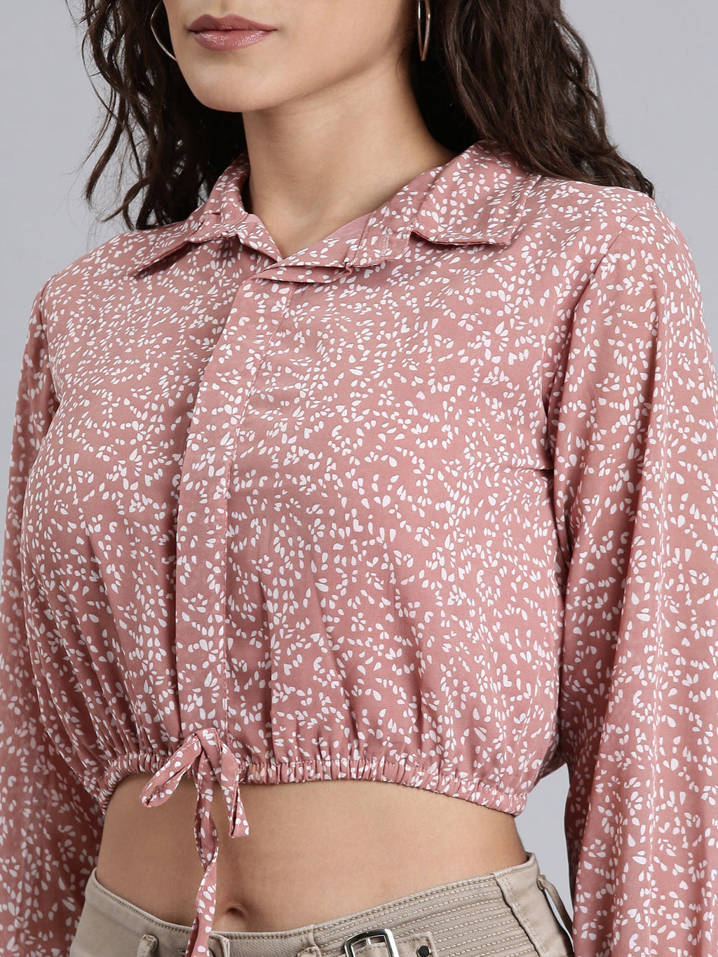 Women's Mauve Shirt Collar Cuffed Sleeves Tie-Ups Shirt Style Crop Top