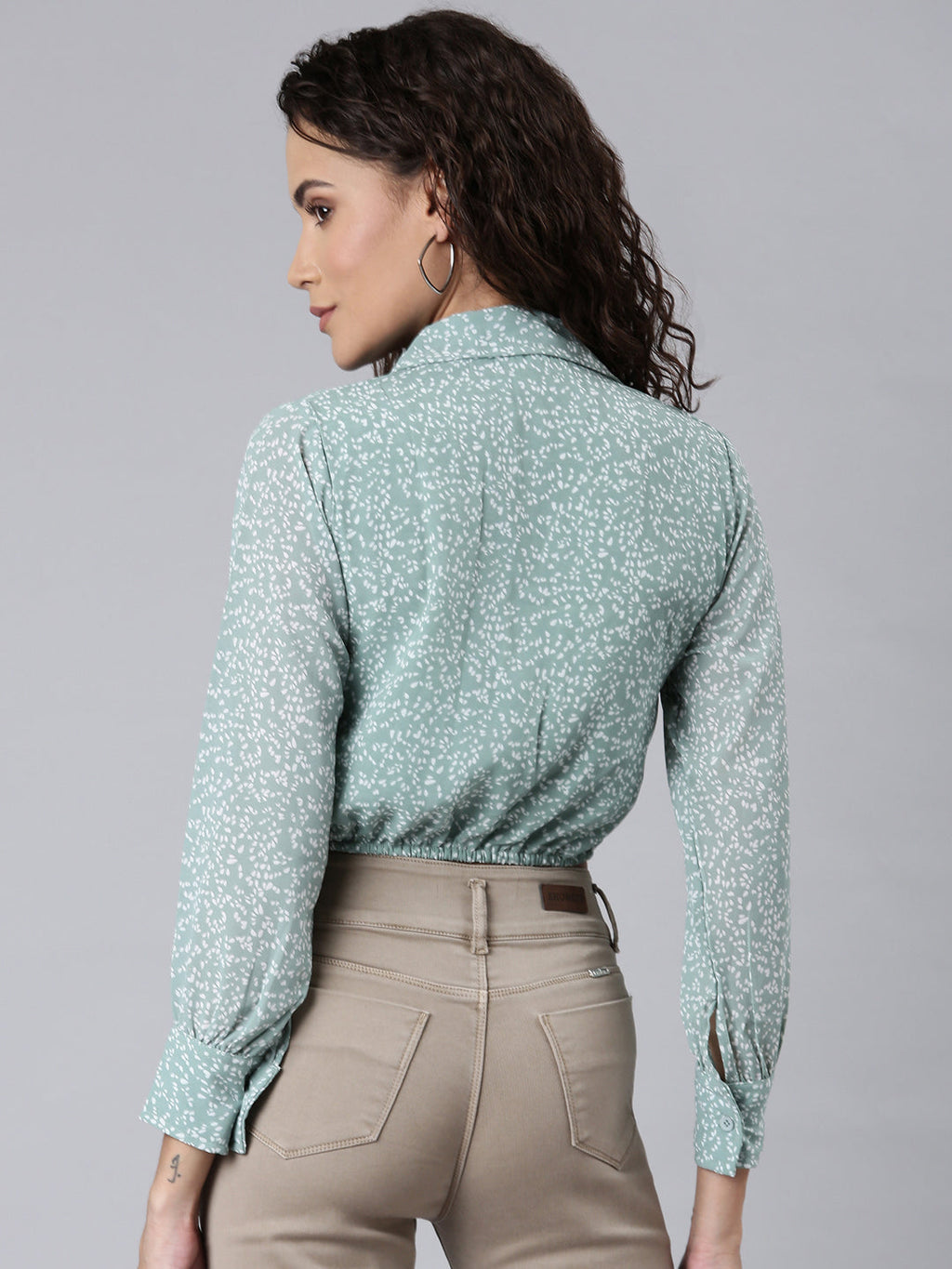 Women's Sea Green Abstract Printed Shirt Collar Crop Top