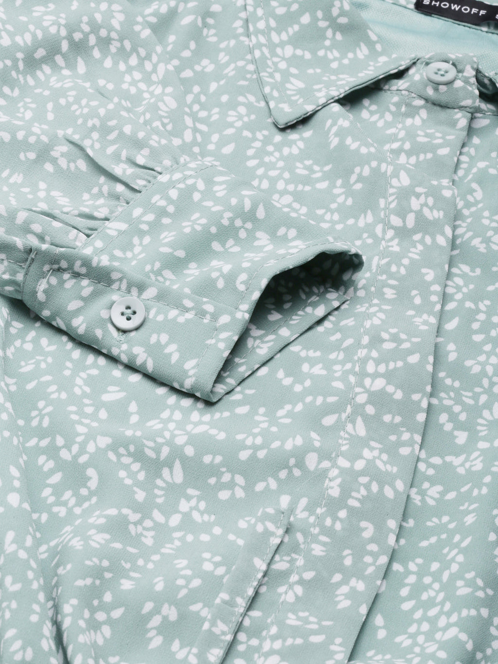 Women's Sea Green Abstract Printed Shirt Collar Crop Top