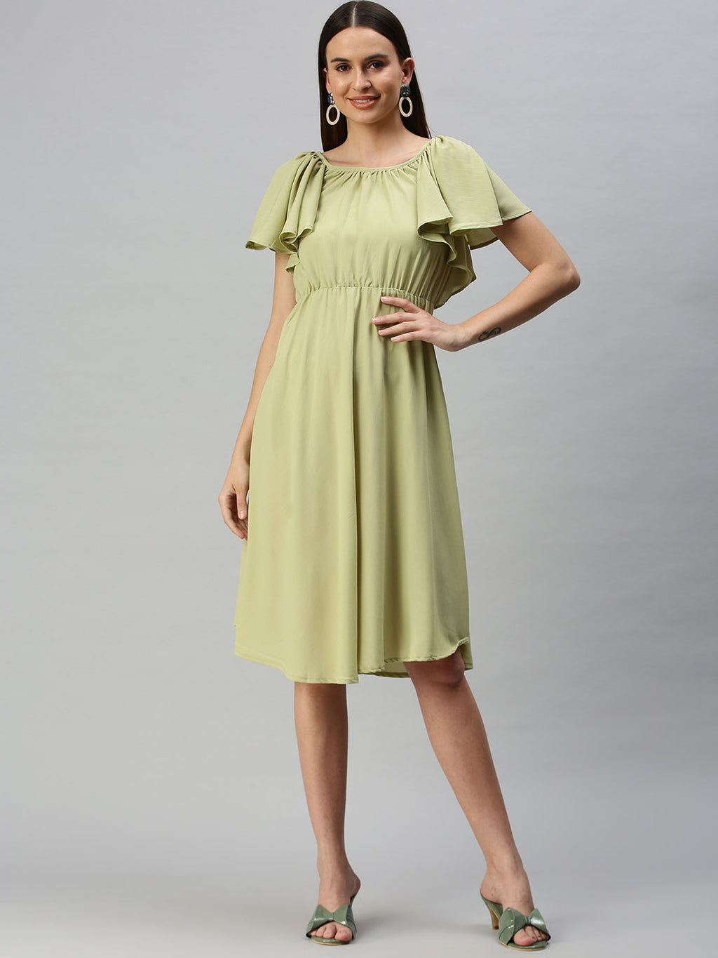 Women's Green Solid Fit & Flare Dress