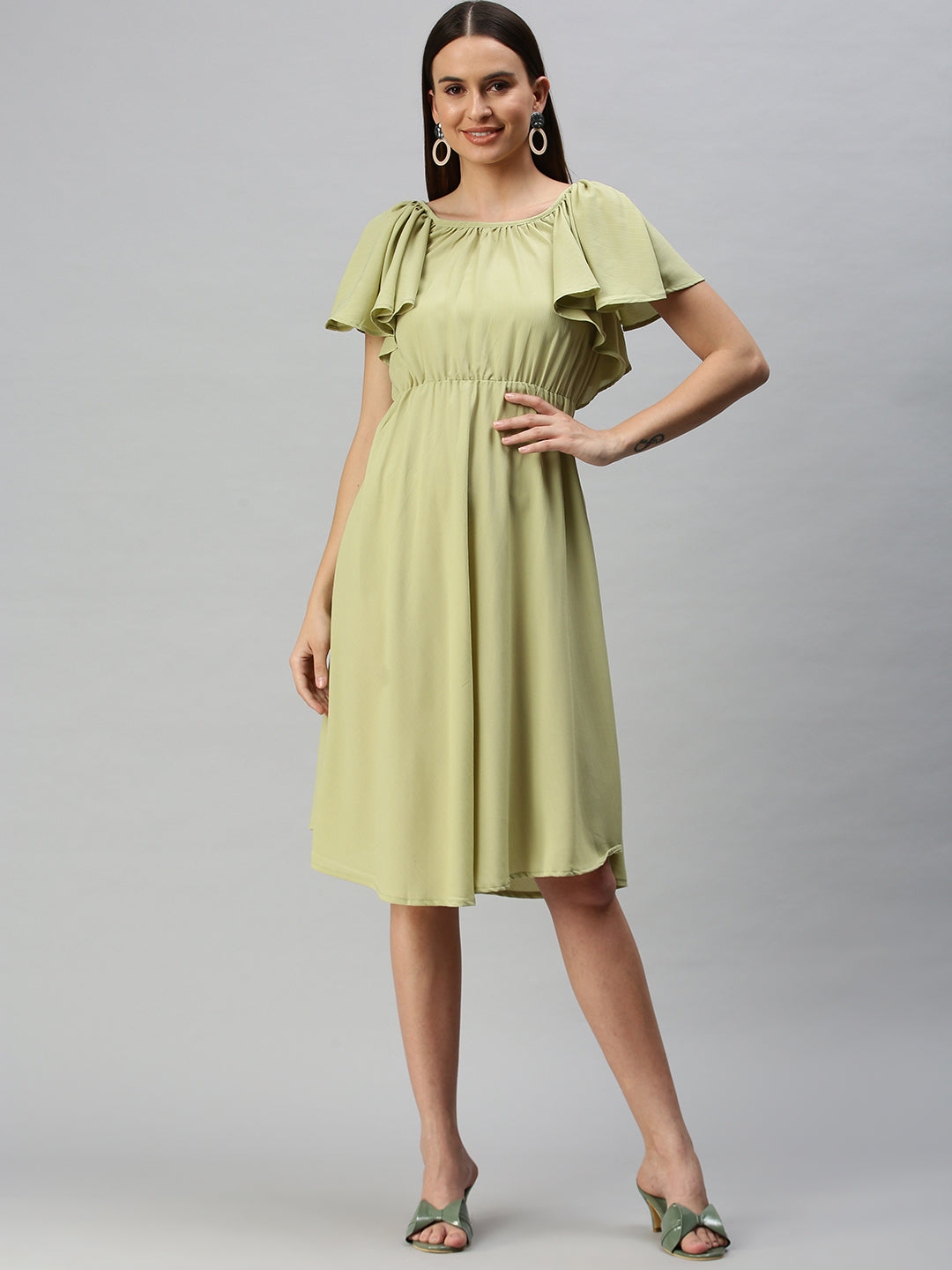 Women's Green Solid Fit & Flare Dress