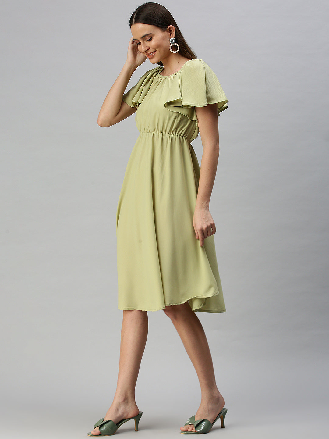 Women's Green Solid Fit & Flare Dress