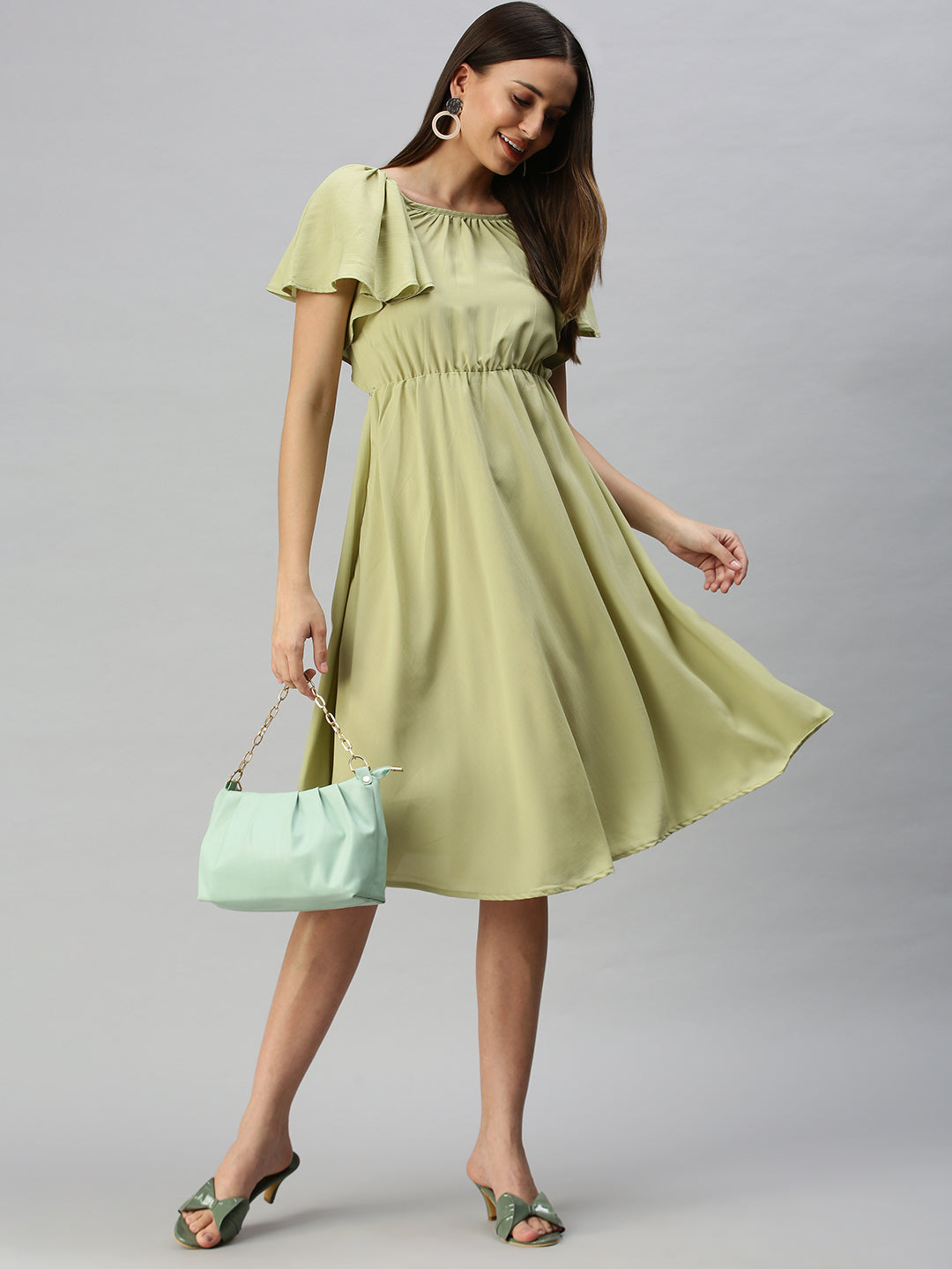 Women's Green Solid Fit & Flare Dress