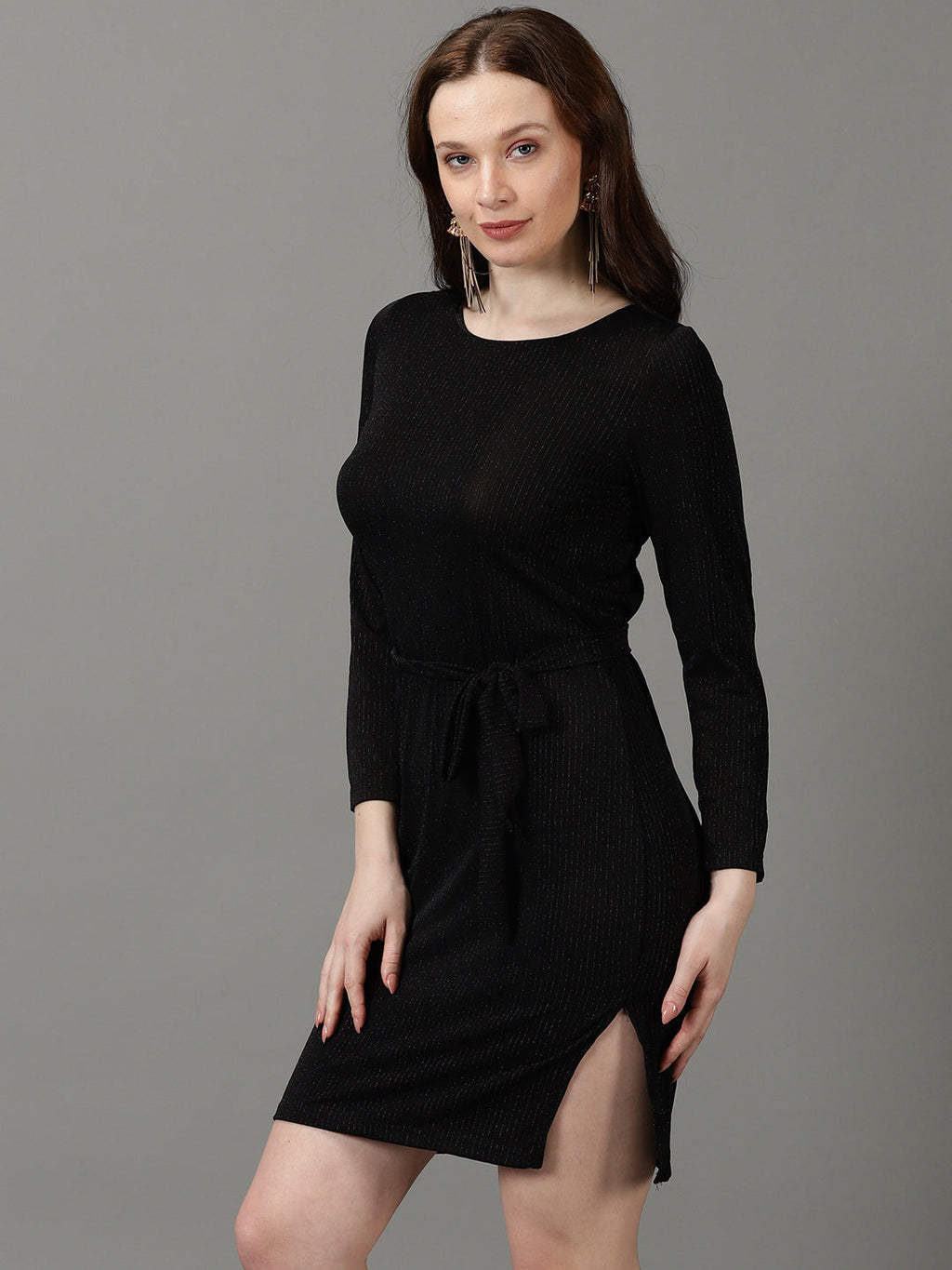 Women's Black Striped Sparkly Round Neck Sheath Dress