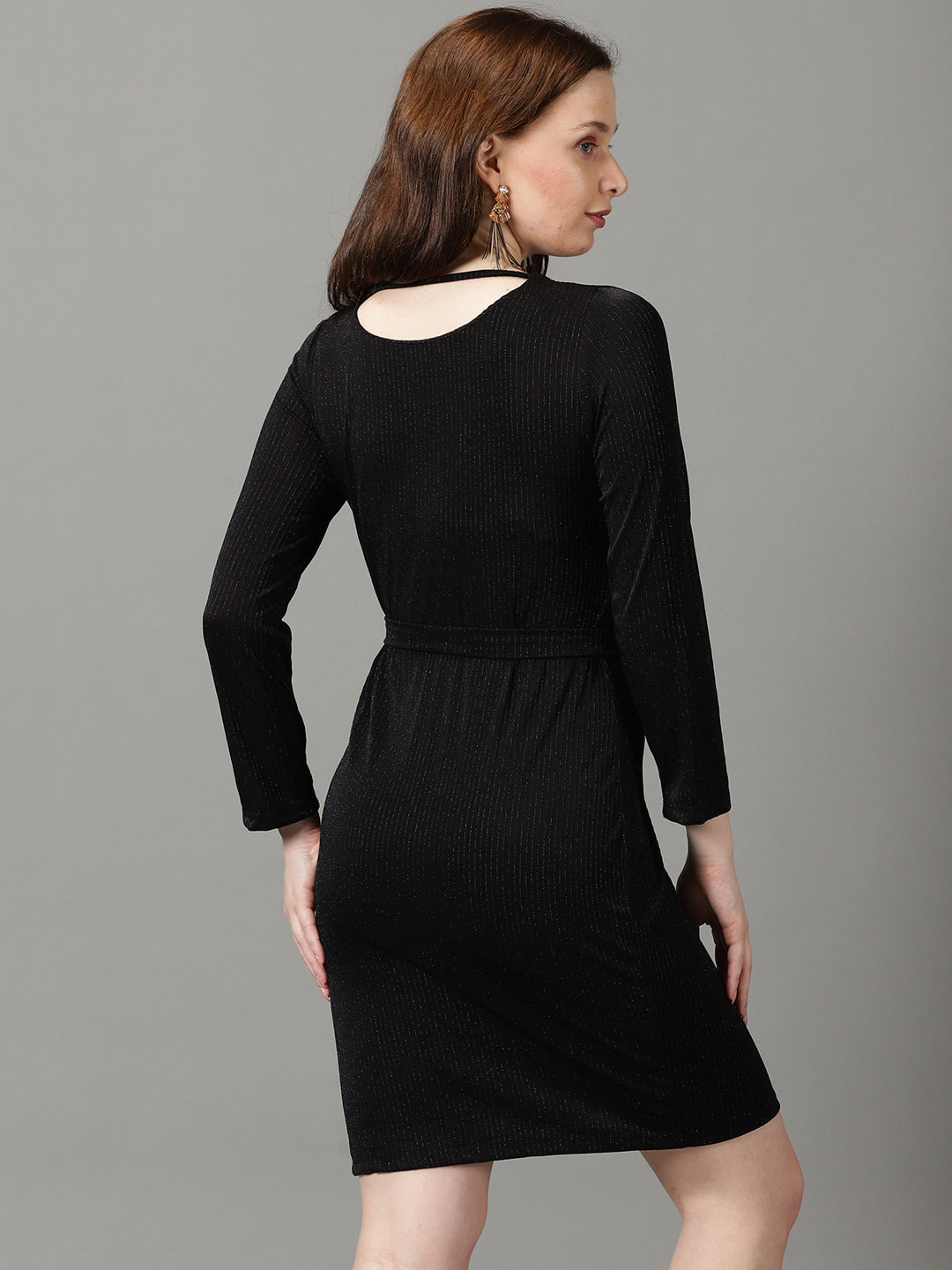 Women's Black Striped Sparkly Round Neck Sheath Dress