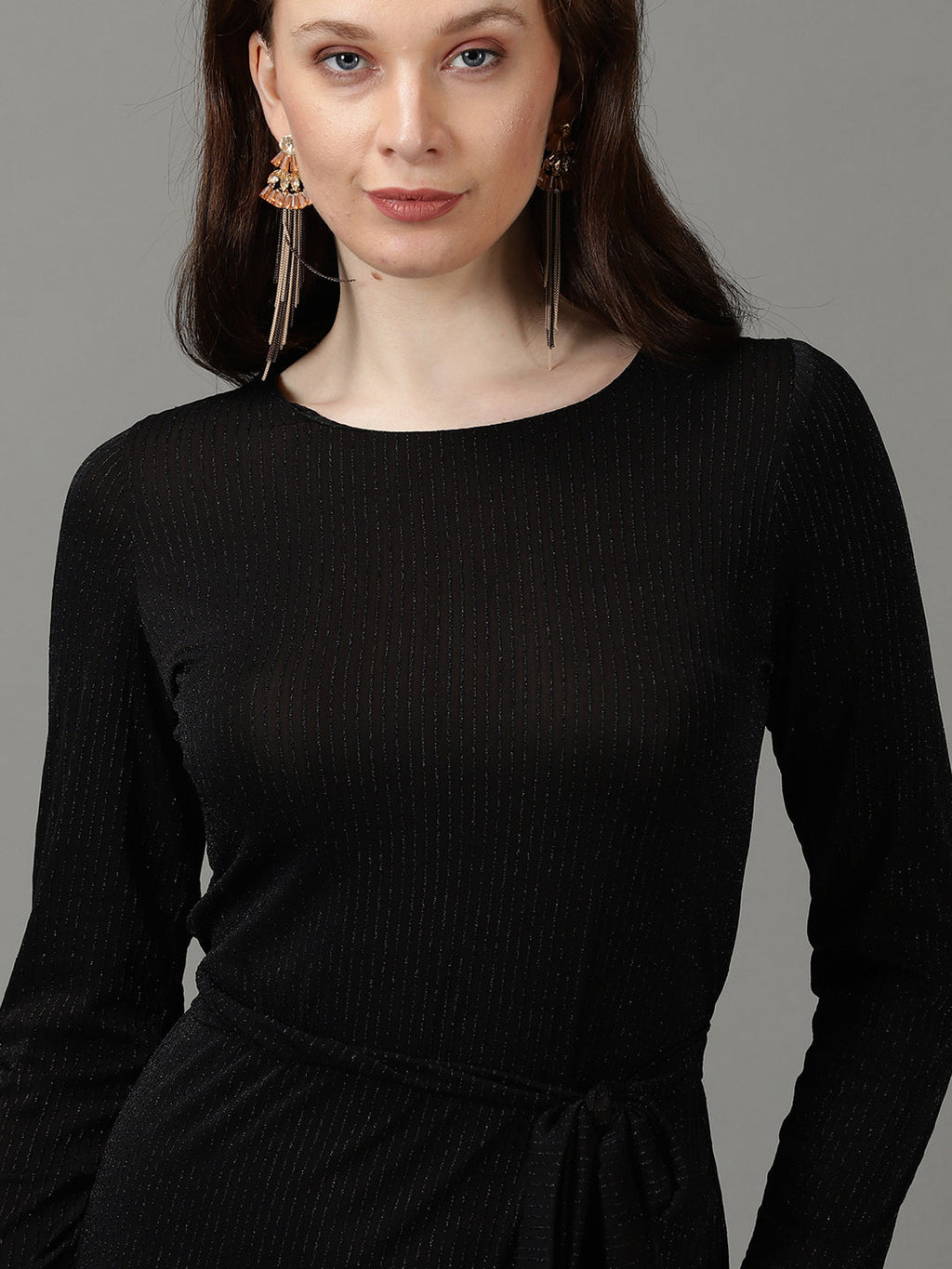 Women's Black Striped Sparkly Round Neck Sheath Dress