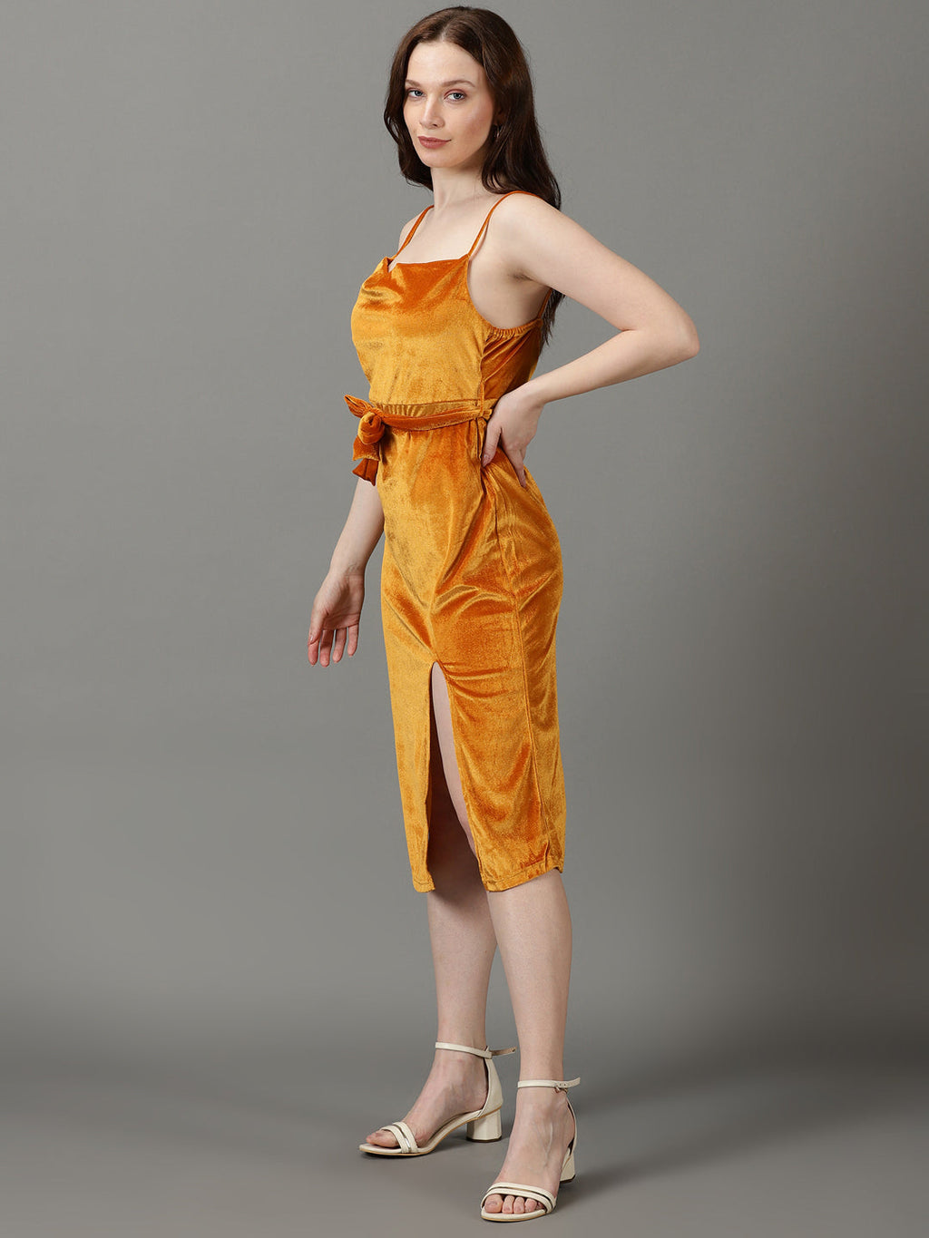 Women's Mustard Shoulder Straps Front Slit Sheath Midi Dress With Belt