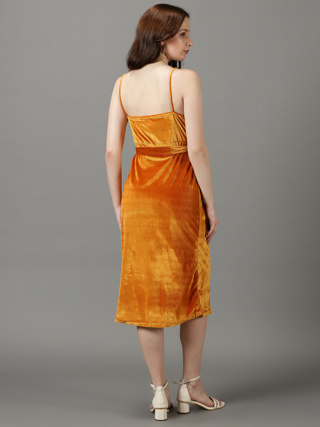 Women's Mustard Shoulder Straps Front Slit Sheath Midi Dress With Belt