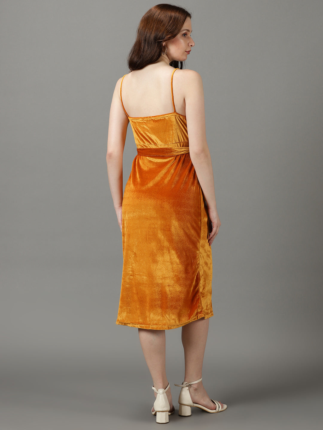 Women's Mustard Shoulder Straps Front Slit Sheath Midi Dress With Belt