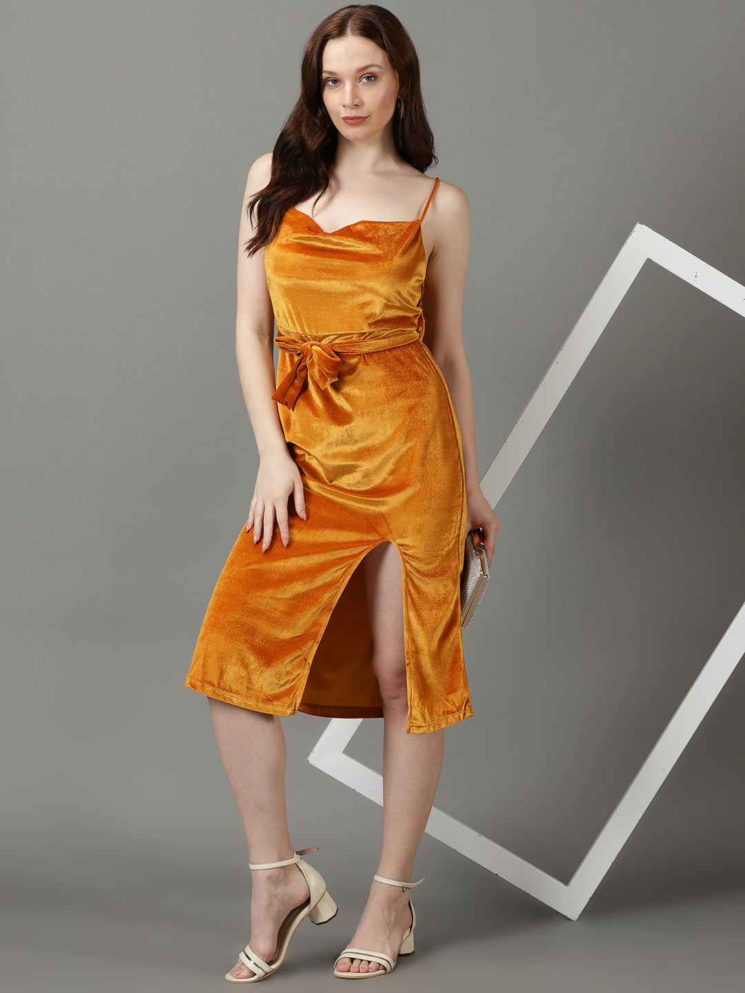 Women's Mustard Shoulder Straps Front Slit Sheath Midi Dress With Belt