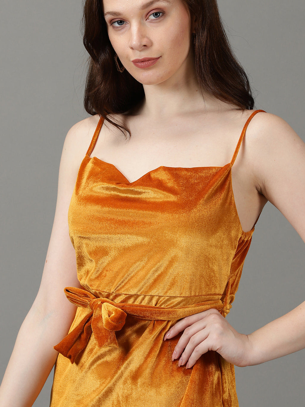 Women's Mustard Shoulder Straps Front Slit Sheath Midi Dress With Belt