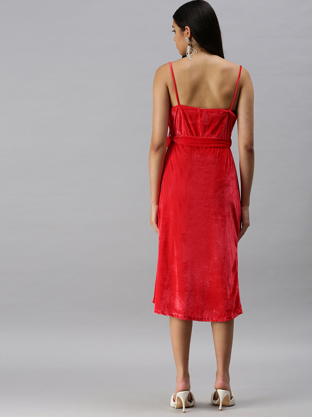 Women's Red Solid Velvet A-Line Midi Dress