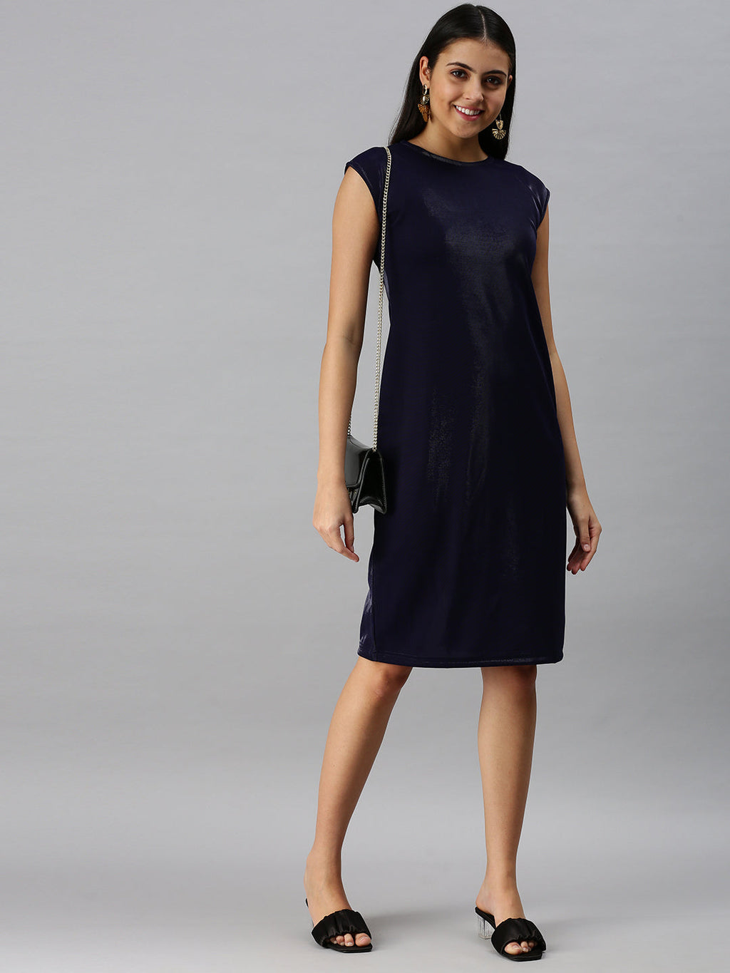 Women's Navy Blue Extended Sleeves Sheath Dress