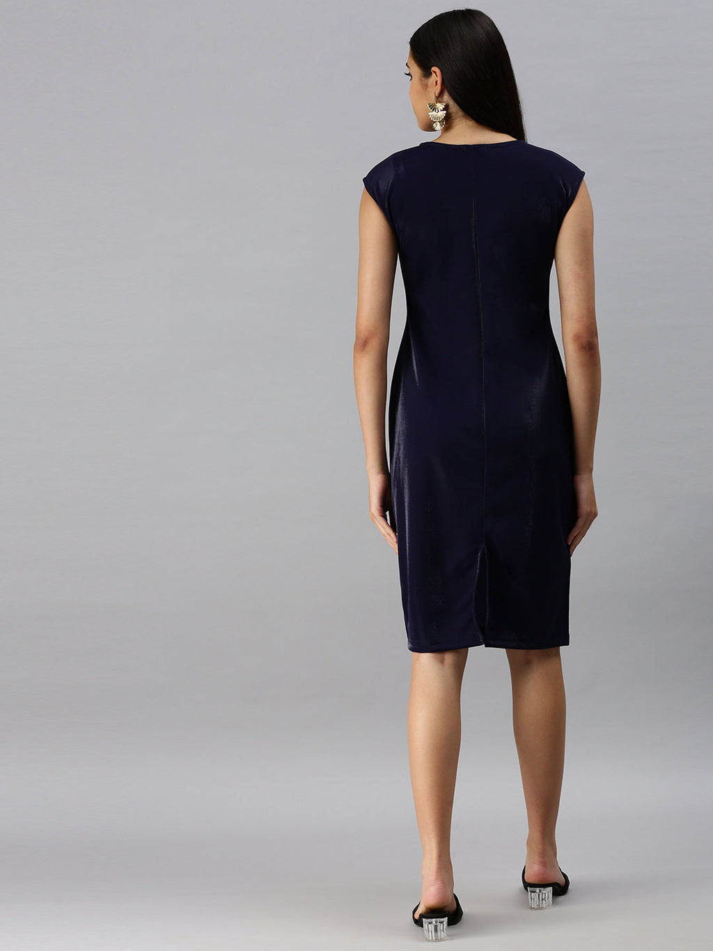 Women's Navy Blue Extended Sleeves Sheath Dress