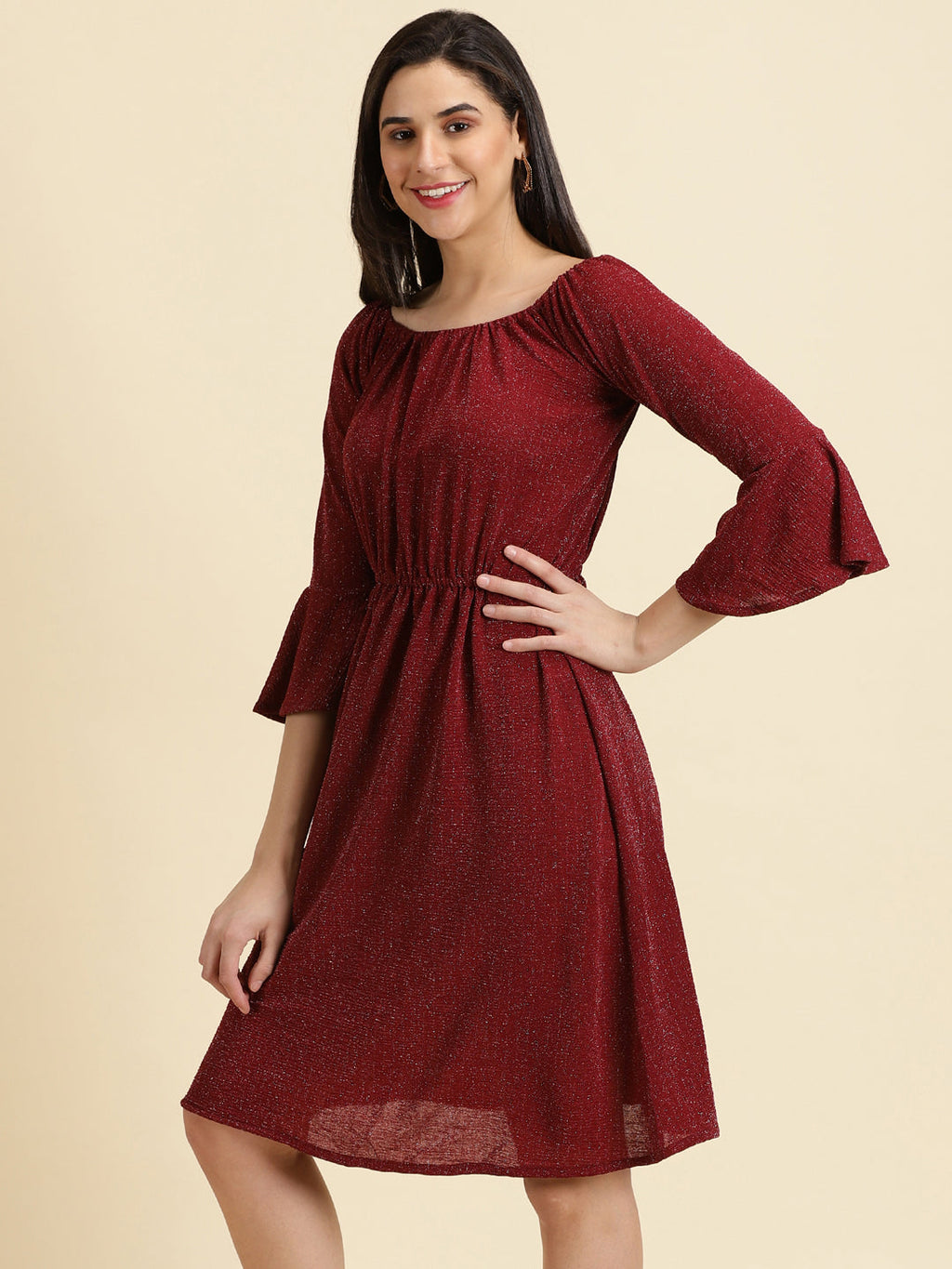 Women's Maroon Square Neck A-Line Dress