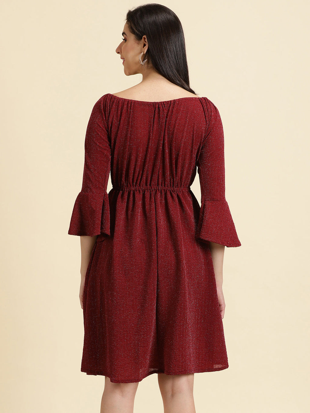Women's Maroon Square Neck A-Line Dress