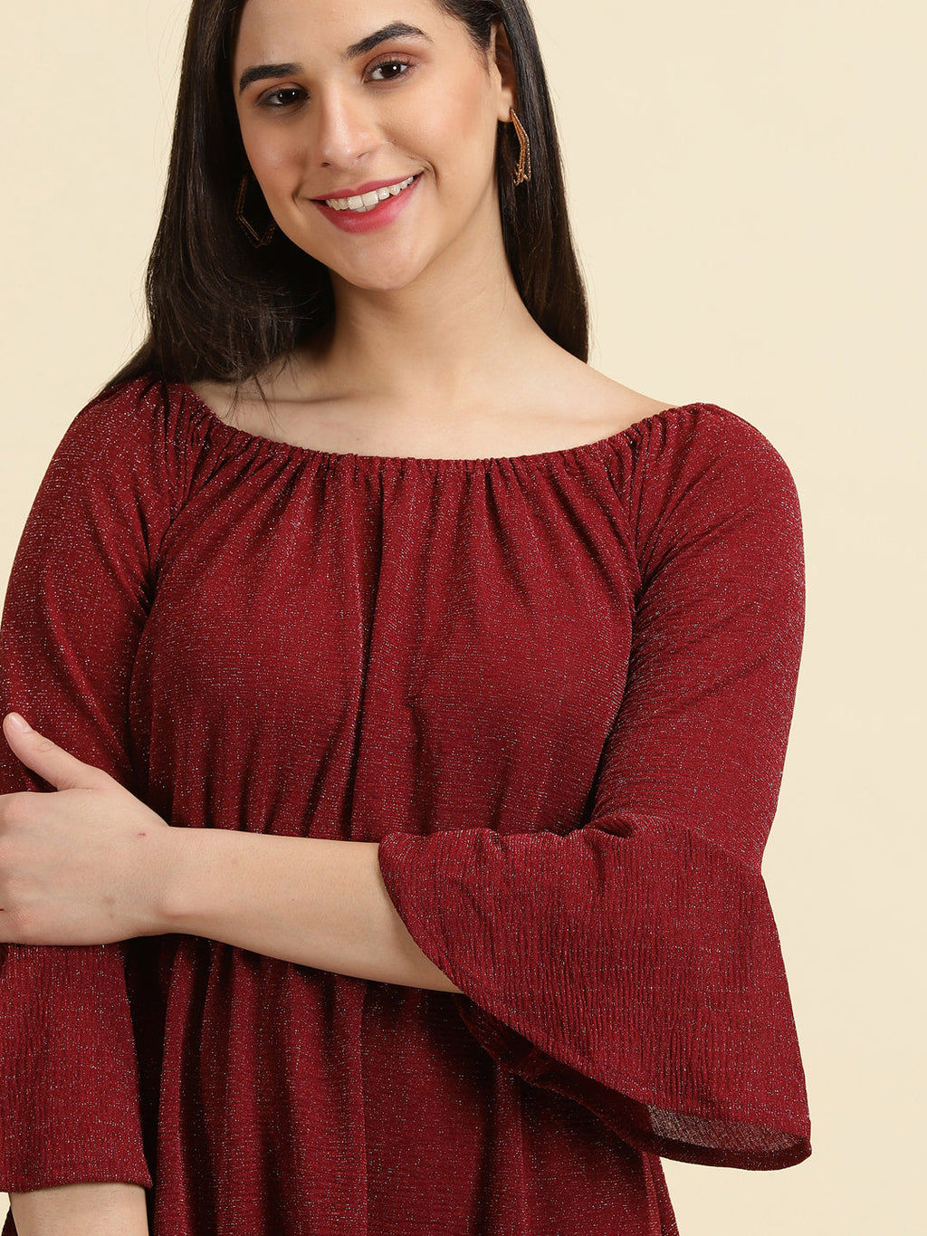 Women's Maroon Square Neck A-Line Dress