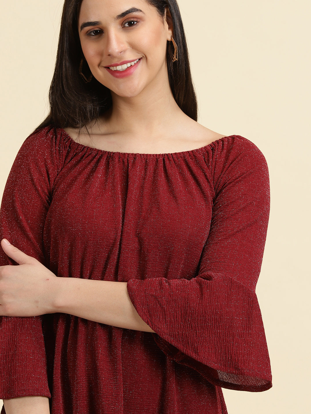 Women's Maroon Square Neck A-Line Dress