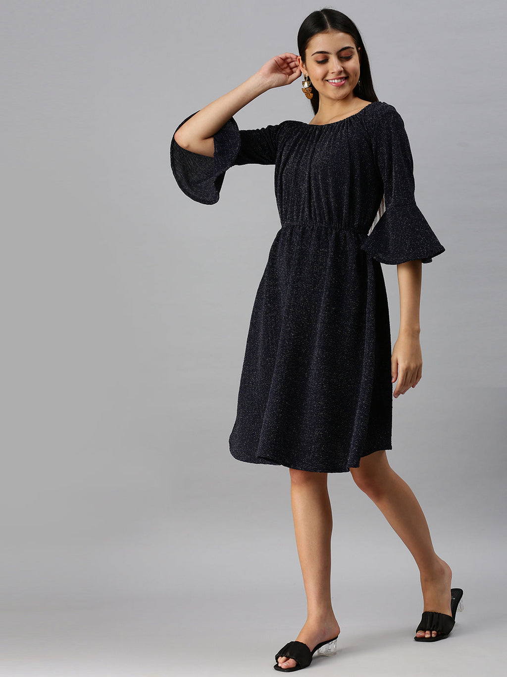 Women's Navy Blue Boat Neck A-Line Dress
