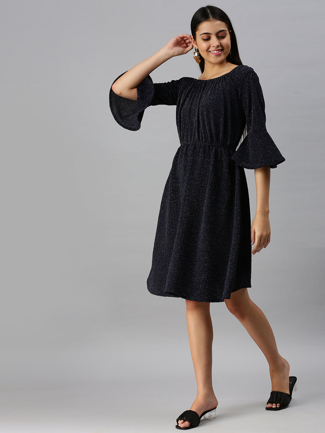 Women's Navy Blue Boat Neck A-Line Dress