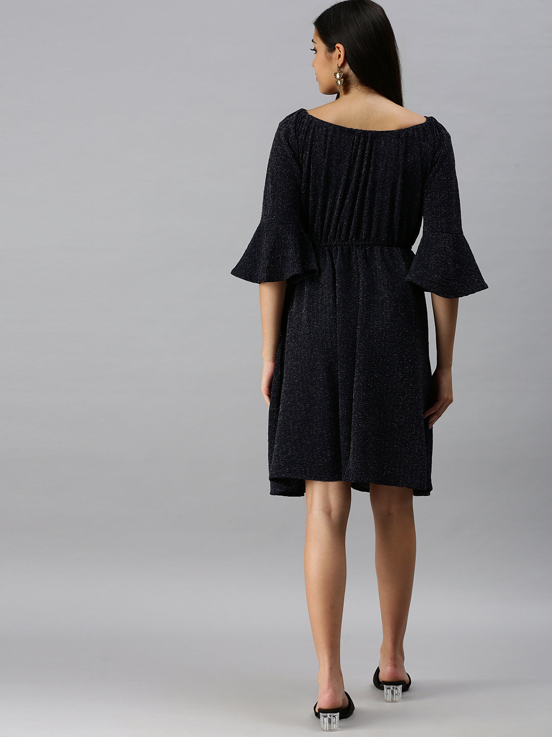 Women's Navy Blue Boat Neck A-Line Dress