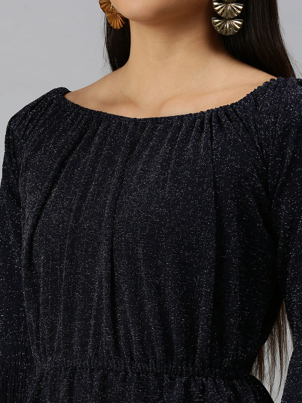 Women's Navy Blue Boat Neck A-Line Dress