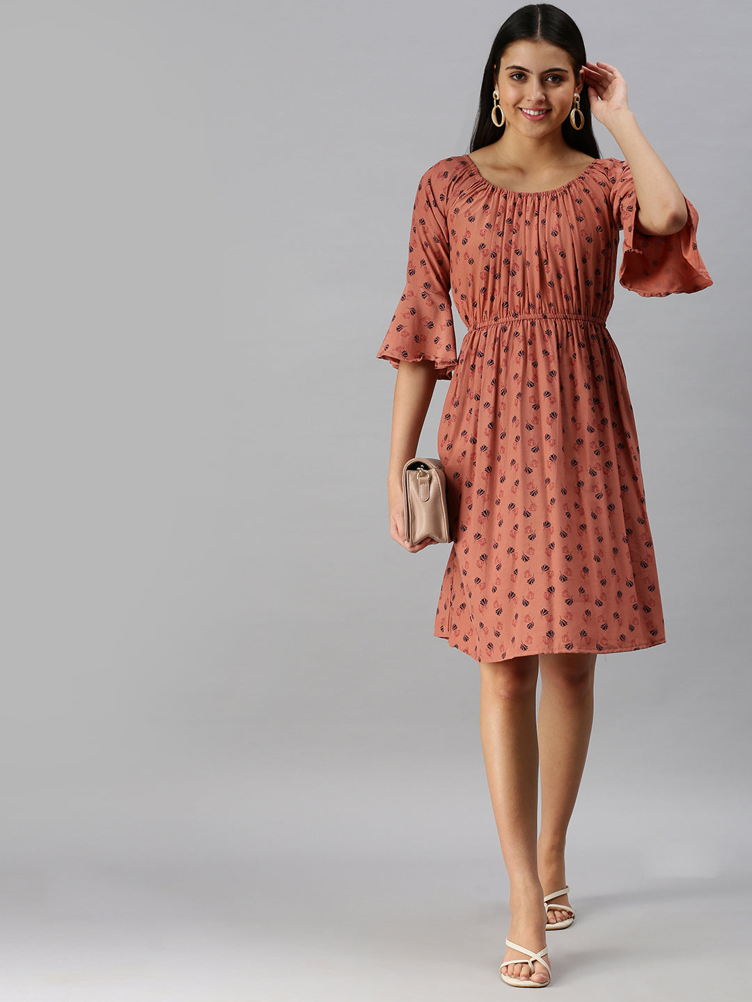 Women's Brown Floral A-Line Dress