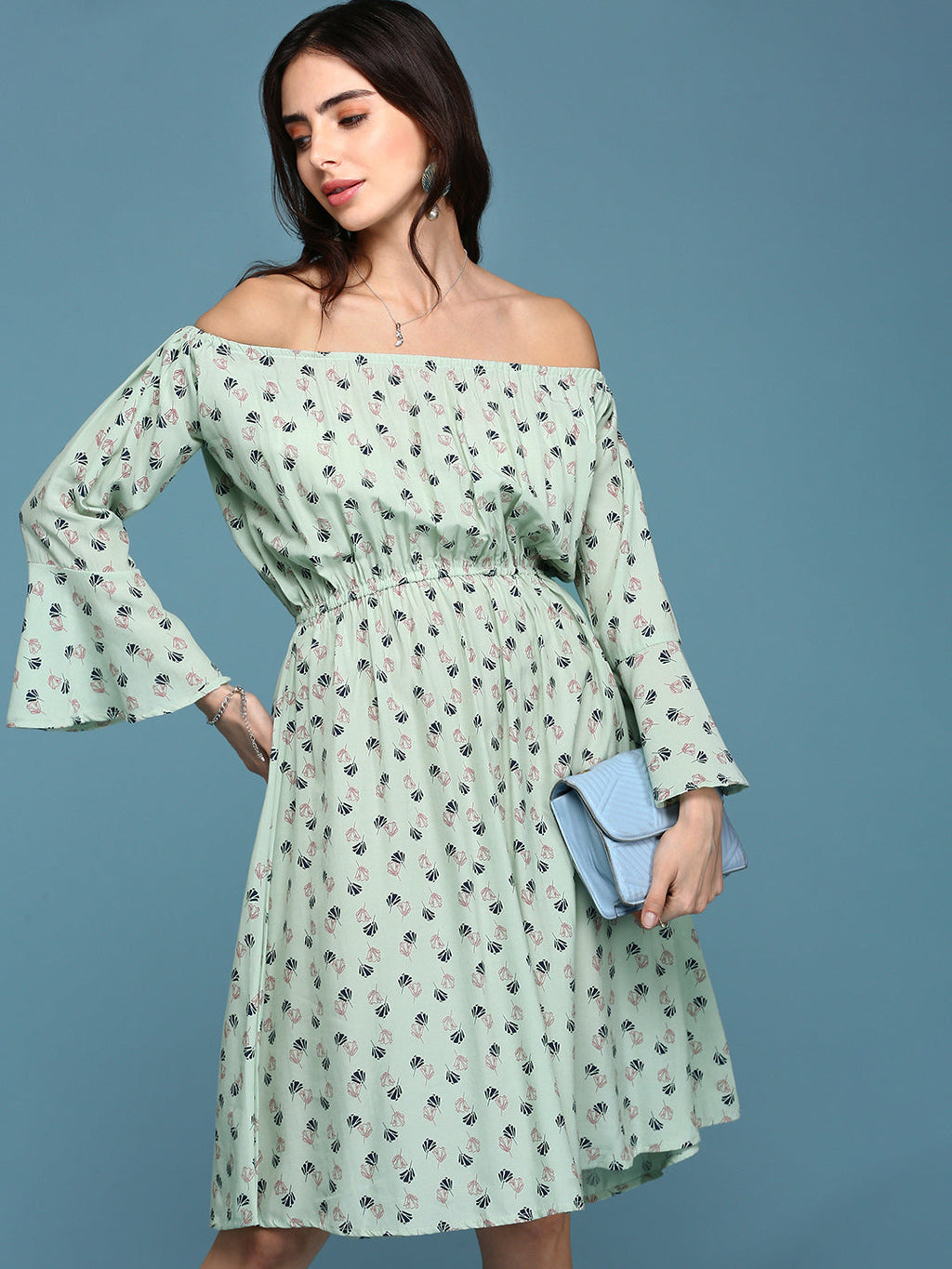 Women's Green Floral Printed Off-Shoulder Fit & Flare Dress