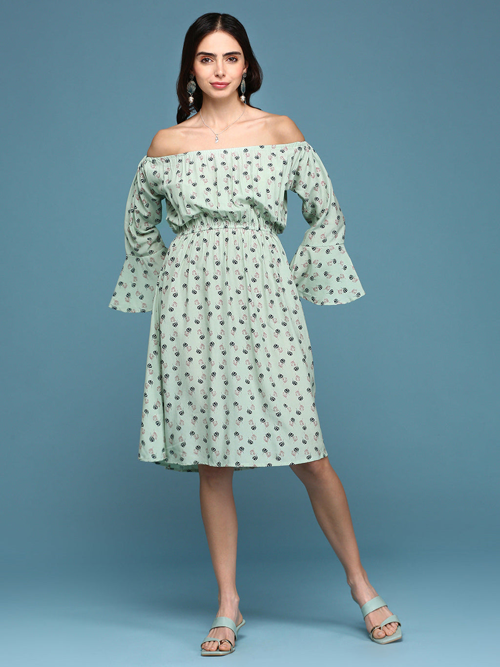 Women's Green Floral Printed Off-Shoulder Fit & Flare Dress