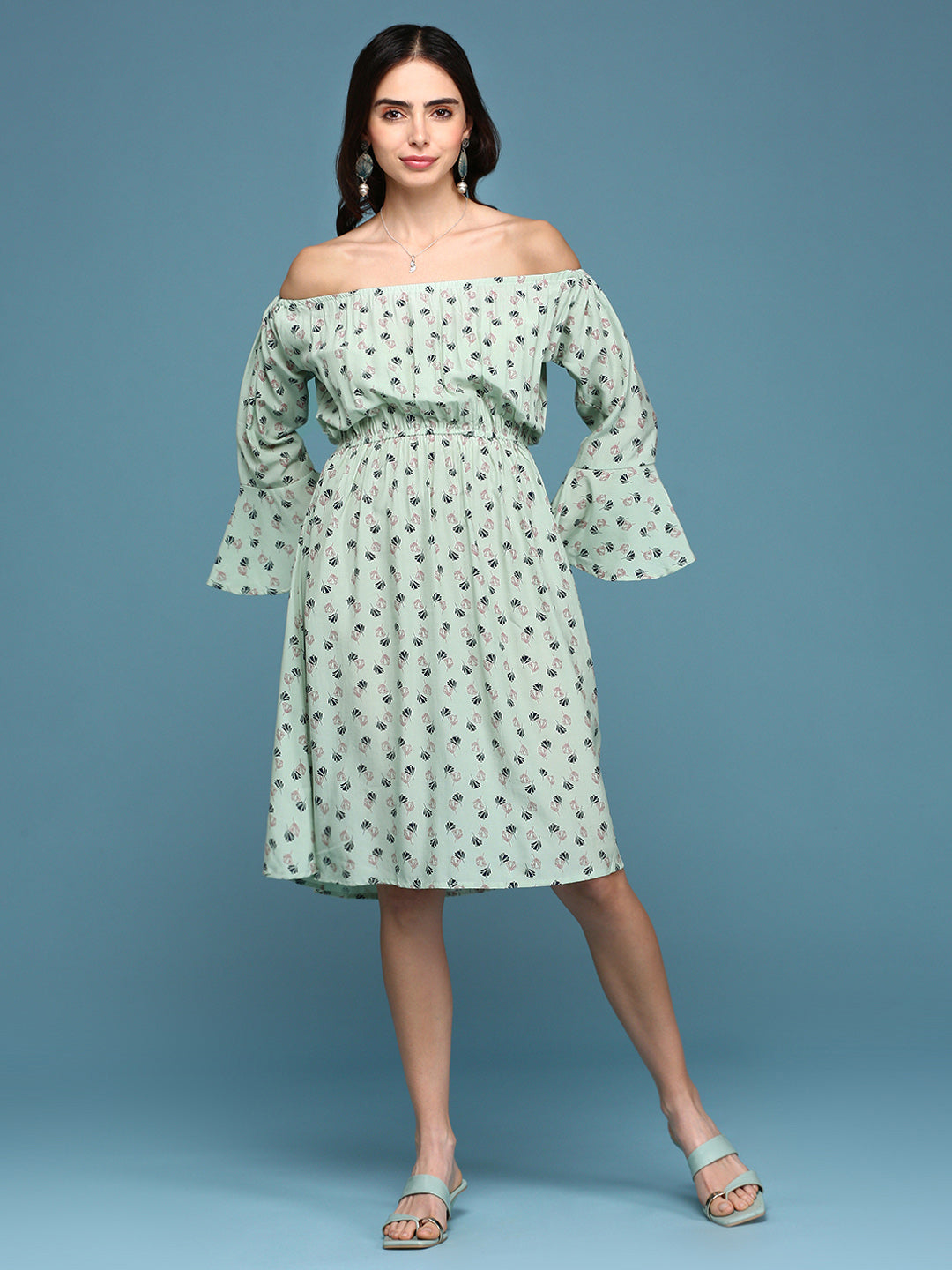 Women's Green Floral Printed Off-Shoulder Fit & Flare Dress