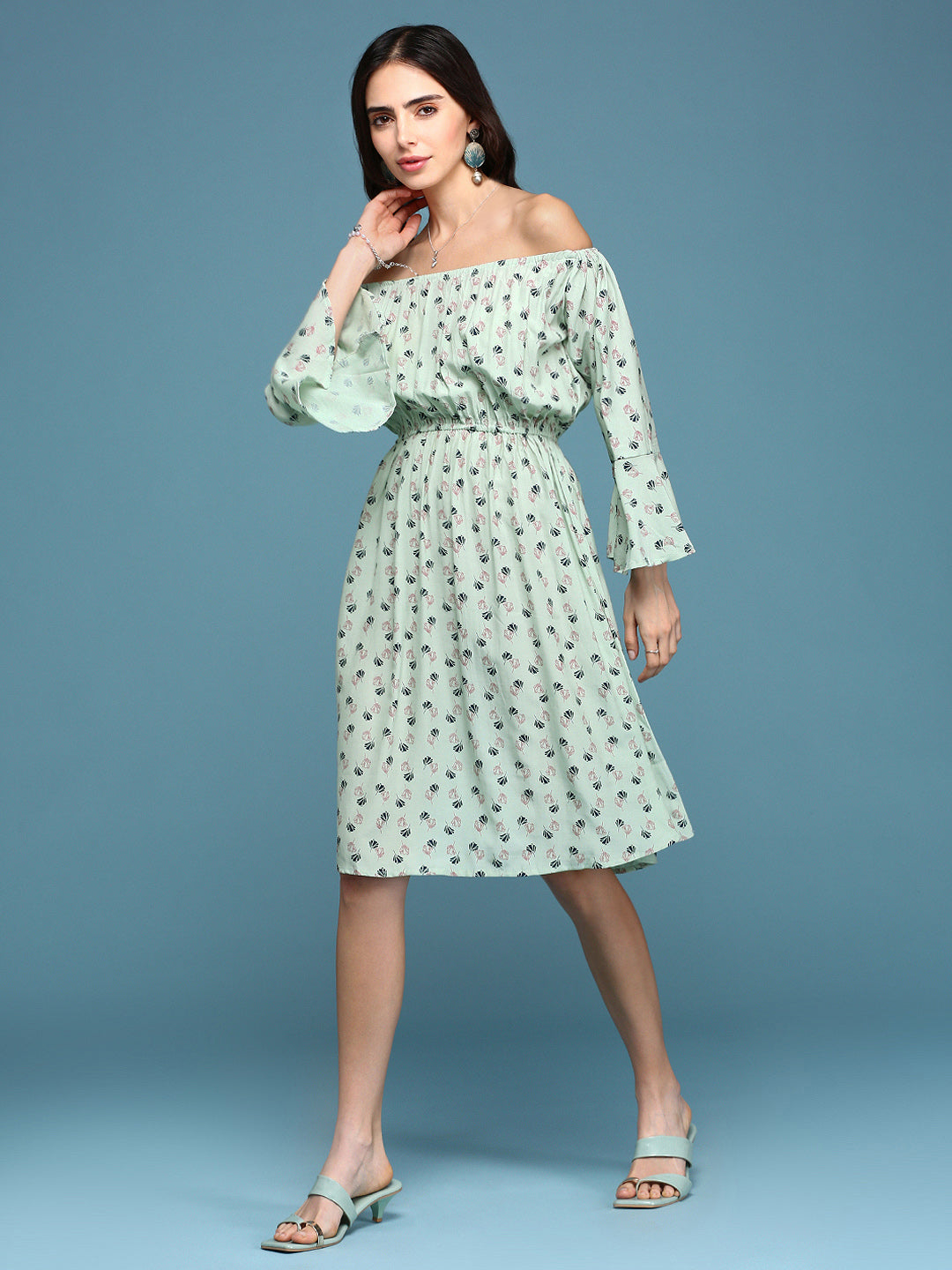 Women's Green Floral Printed Off-Shoulder Fit & Flare Dress
