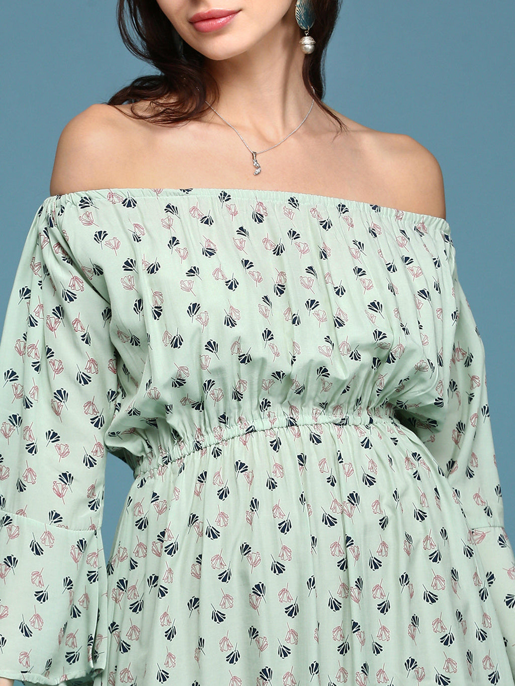 Women's Green Floral Printed Off-Shoulder Fit & Flare Dress