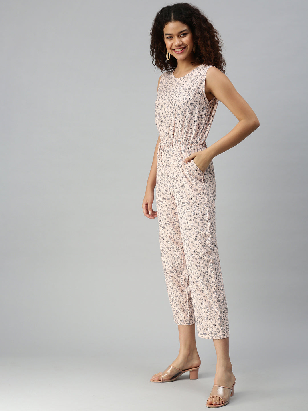 Women's Peach Printed Basic Jumpsuit