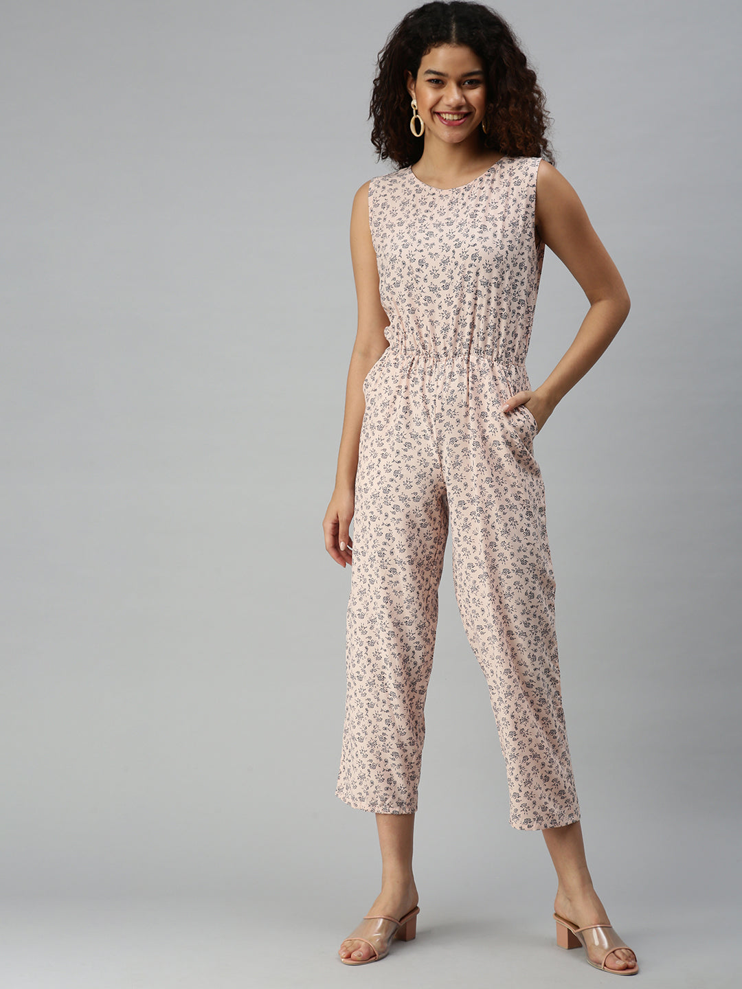Women's Peach Printed Basic Jumpsuit
