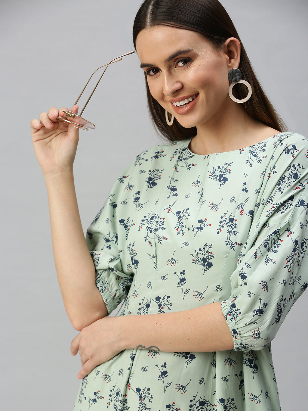 Women's Green Floral Crepe A-Line Dress