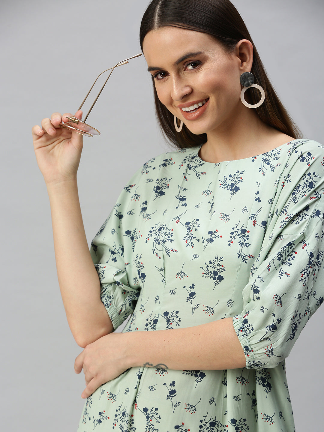 Women's Green Floral Crepe A-Line Dress