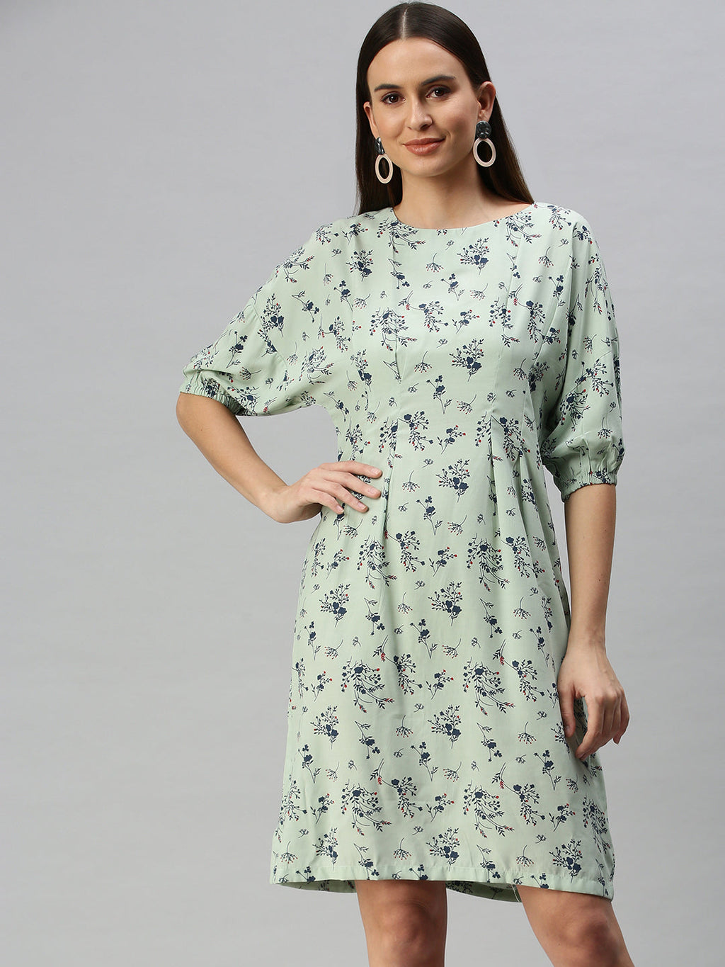 Women's Green Floral Crepe A-Line Dress